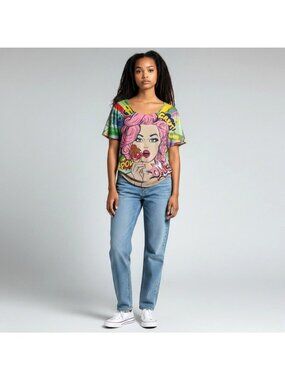 LoveJ Top Womens M Multicolor Graphic Tee Comic Pop Art Grunge Punk Streetwear